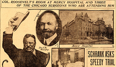 A newspaper clipping featuring images of Theodore Roosevelt, Dr. J.B. Murphy and Mercy Hospital in Chicago